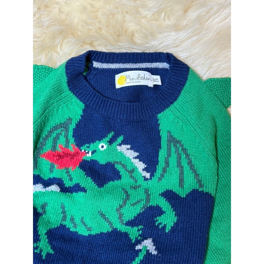 Mini Boden Dragon Sweater 3-4Y Navy Green Spikes Knit Pullover Fantasy Whimsical - Picture 4 of 4